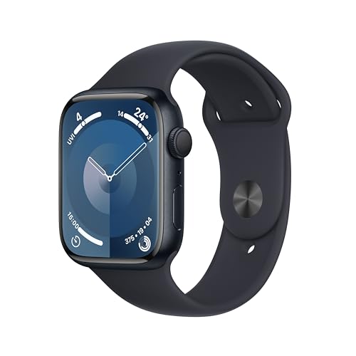 Apple Watch Series 9 (GPS, 45 mm) Smartwatch mit Aluminiumgehäuse und Sportarmband M/L in Mitternacht. Fitnesstracker, Blutsauerstoff und EKG Apps, Always-On Retina Display, Wasserschutz