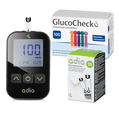 adia Vorteilspack Blutzuckermessgerät-Set (mg/dl) + 60 Blutzuckerteststreifen + 110 Lanzetten zur Überwachung des Blutzuckers