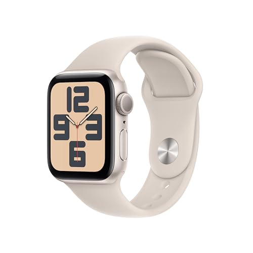 Apple Watch SE (2. Generation, 2023) (GPS, 40 mm) Smartwatch mit Aluminiumgehäuse und Sportarmband (S/M) in Polarstern. Fitness- und Schlaftracker, Unfallerkennung, Herzfrequenzmesser, Retina Display