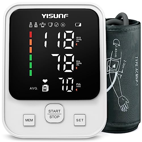 Yisunf Blutdruckmessgerät Oberarm Vollautomatische Digitales, und Pulsmesser-Detektor, Mit Arrhythmie-Erkennung, Großes LED Display, 22-42 cm Große Manschette, 2x90 Dual-User (Weiß)