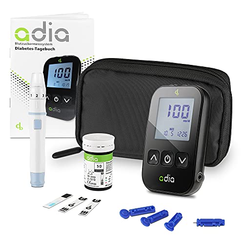 adia Blutzuckermessgerät (mg/dl) inkl. 10 Teststreifen für Diabetiker zur Selbstkontrolle des Blutzuckers bei Diabetes