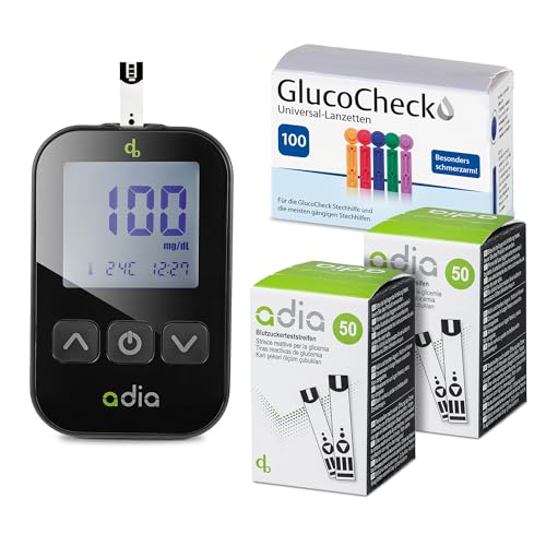 adia Blutzuckermessgerät (mg/dl) + 110 Blutzuckerteststreifen + 110 Universal-Lanzetten, Stechhilfe: Maxi-Sparset zur Blutzucker-Selbstkontrolle bei Diabetes
