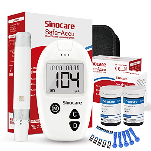 sinocare Safe Accu Blutzuckermessgerät, mg/dL, Blutzuckermessgerät Set mit Teststreifen x50 für Blutzuckerkontrolle, Schmerzfrei, 200 Gruppen von Speicherwerten