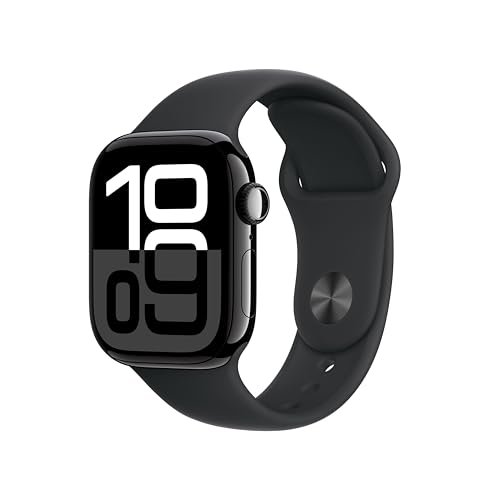 Apple Watch Series 10 (GPS + Cellular 42 mm) Smartwatch mit Aluminiumgehäuse in Diamantschwarz und Sportarmband in Schwarz (M/L). Fitnesstracker, EKG App, Always-On Retina Display, Wasserschutz